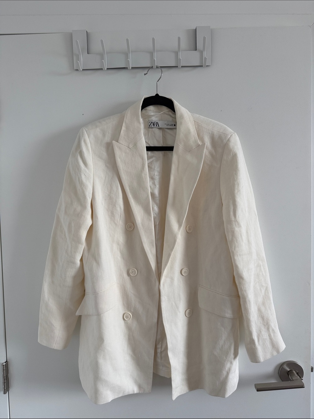 Zara Cream Double-Breasted Linen-Blend Blazer